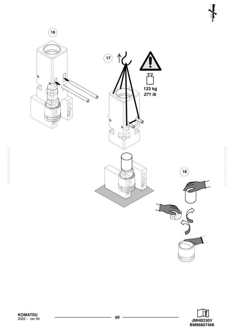 May include: Technical diagram illustrating mechanical components, including a rectangular block with a cylindrical element, and a lifting mechanism. The diagram includes weight specifications: 123 kg (271 lb).