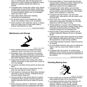 May include: Safety instructions and maintenance guidelines for machinery are displayed. The image includes text about inspecting equipment, safe operation, and storage. Diagrams illustrate proper procedures for maintenance and mowing.