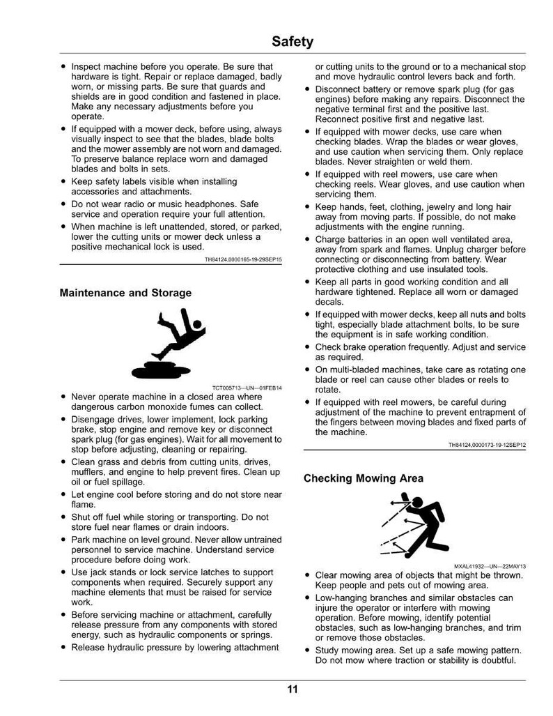 May include: Safety instructions and maintenance guidelines for machinery are displayed. The image includes text about inspecting equipment, safe operation, and storage. Diagrams illustrate proper procedures for maintenance and mowing.