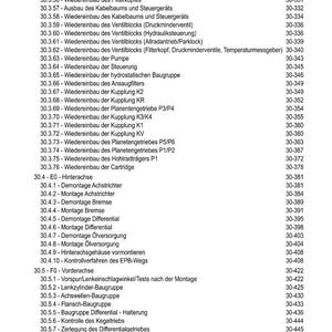 May include: A page from a technical manual titled "INHALT" (Contents) with a list of automotive repair procedures. The text is in German and includes topics like sensor replacement, brake assembly, and differential repair.