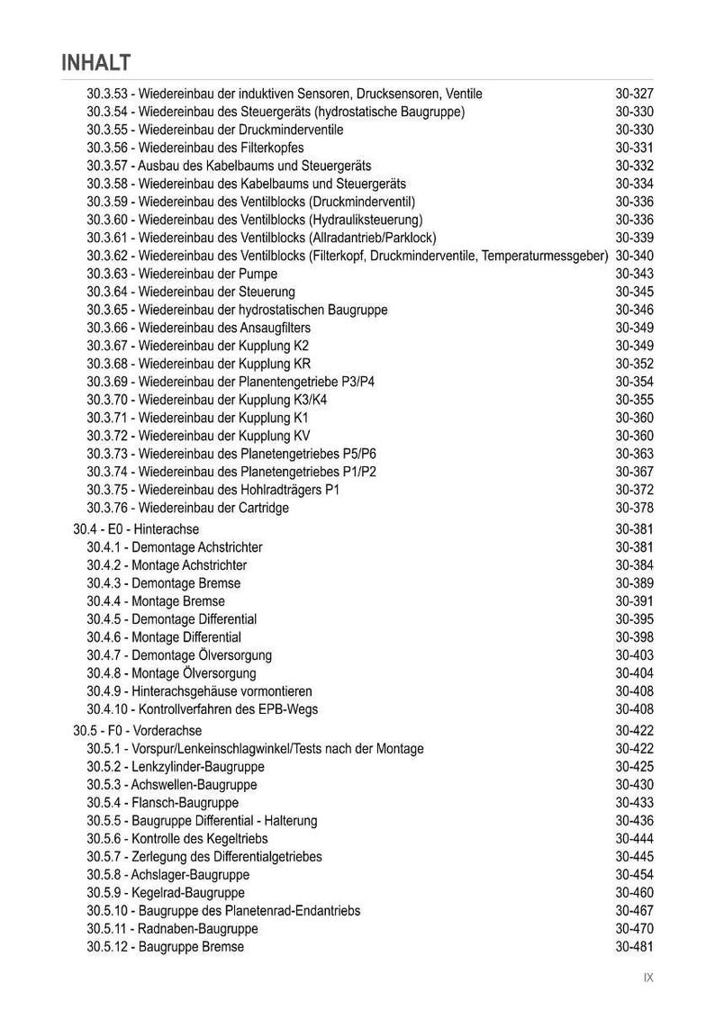 May include: A page from a technical manual titled "INHALT" (Contents) with a list of automotive repair procedures. The text is in German and includes topics like sensor replacement, brake assembly, and differential repair.