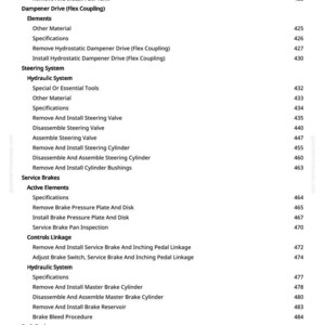 May include: A manual page with a detailed table of contents. Sections include "External Fuel Supply Systems," "Steering System," and "Service Brakes." Page numbers are aligned on the right-hand side.