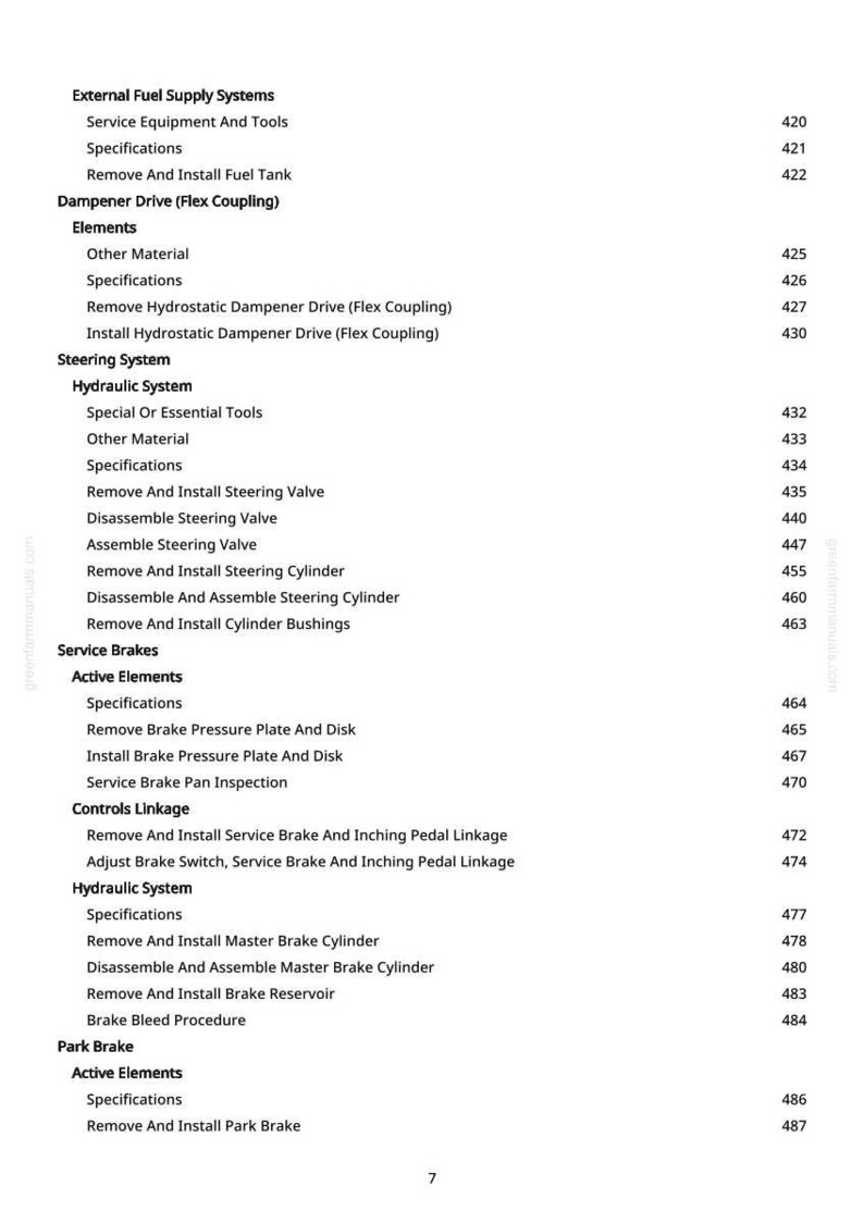 May include: A manual page with a detailed table of contents. Sections include "External Fuel Supply Systems," "Steering System," and "Service Brakes." Page numbers are aligned on the right-hand side.