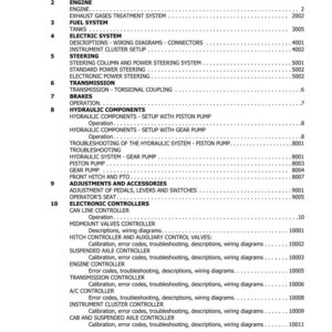 May include: A detailed table of contents from a manual, listing sections on engine, fuel system, electric system, steering, transmission, brakes, hydraulic components, adjustments, and electronic controllers. The document is labeled "Table of Contents."