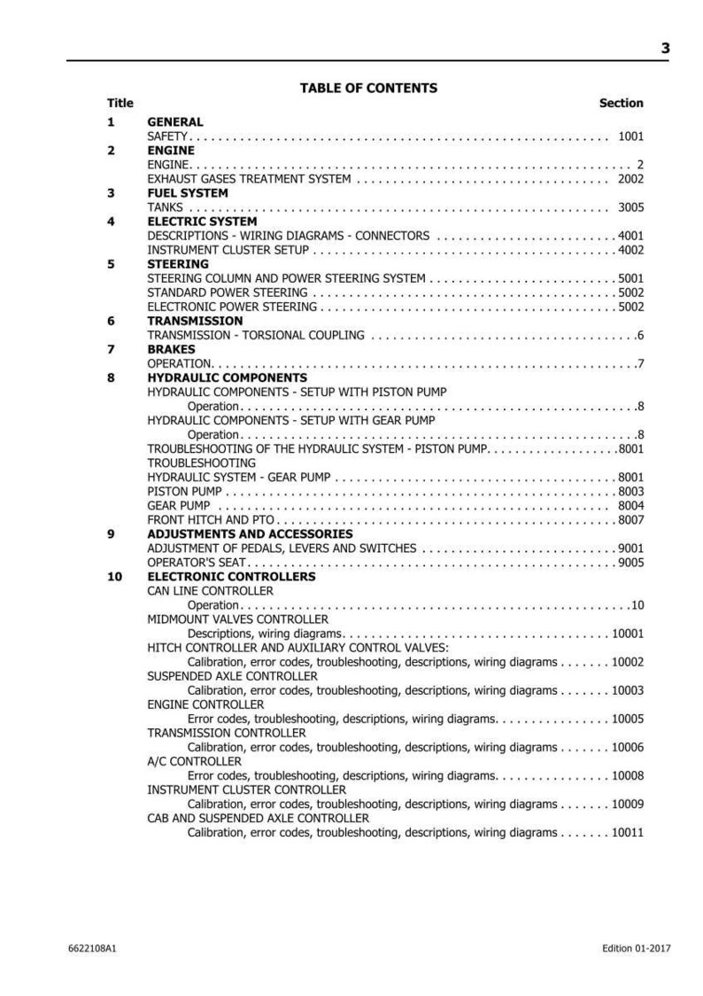 May include: A detailed table of contents from a manual, listing sections on engine, fuel system, electric system, steering, transmission, brakes, hydraulic components, adjustments, and electronic controllers. The document is labeled "Table of Contents."