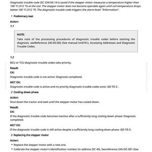 May include: A technical document with the title "SIC 334165.14 - E-SCV No.1, Stepper Motor, Coil Temperature Too High." The document provides diagnostic and troubleshooting steps for a stepper motor, including temperature checks and replacement instructions.