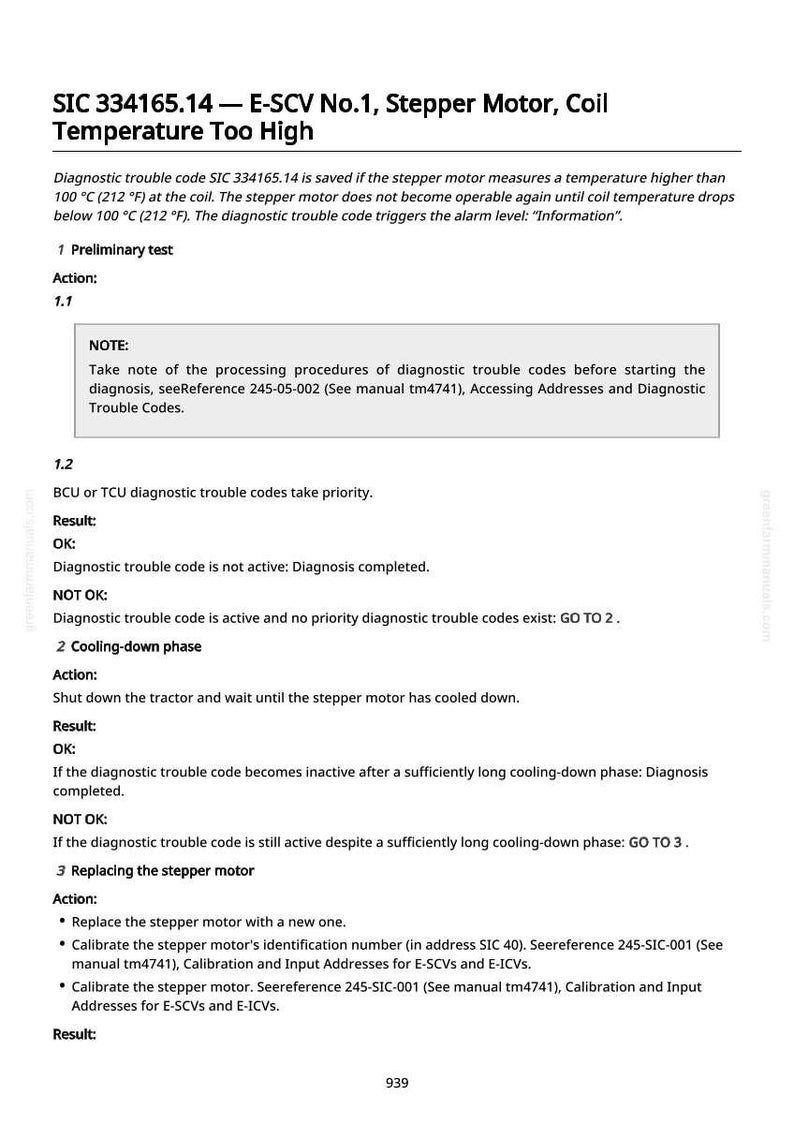 May include: A technical document with the title "SIC 334165.14 - E-SCV No.1, Stepper Motor, Coil Temperature Too High." The document provides diagnostic and troubleshooting steps for a stepper motor, including temperature checks and replacement instructions.