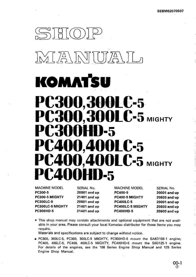 Pu&ograve; includere: Un manuale d'officina Komatsu, con i numeri di modello PC300, PC400 e le loro varianti. Il testo nero &egrave; su sfondo bianco. Include intervalli di numeri di serie e dettagli del motore. Il titolo del manuale &egrave; in grassetto.