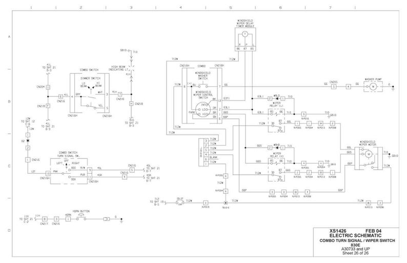May include: An electrical schematic diagram for a combo turn signal and wiper switch, labelled XS1426, dated February 2004. The diagram shows various switches, relays, and wiring connections, with text labels and component identifiers. The sheet is labelled as sheet 26 of 26.