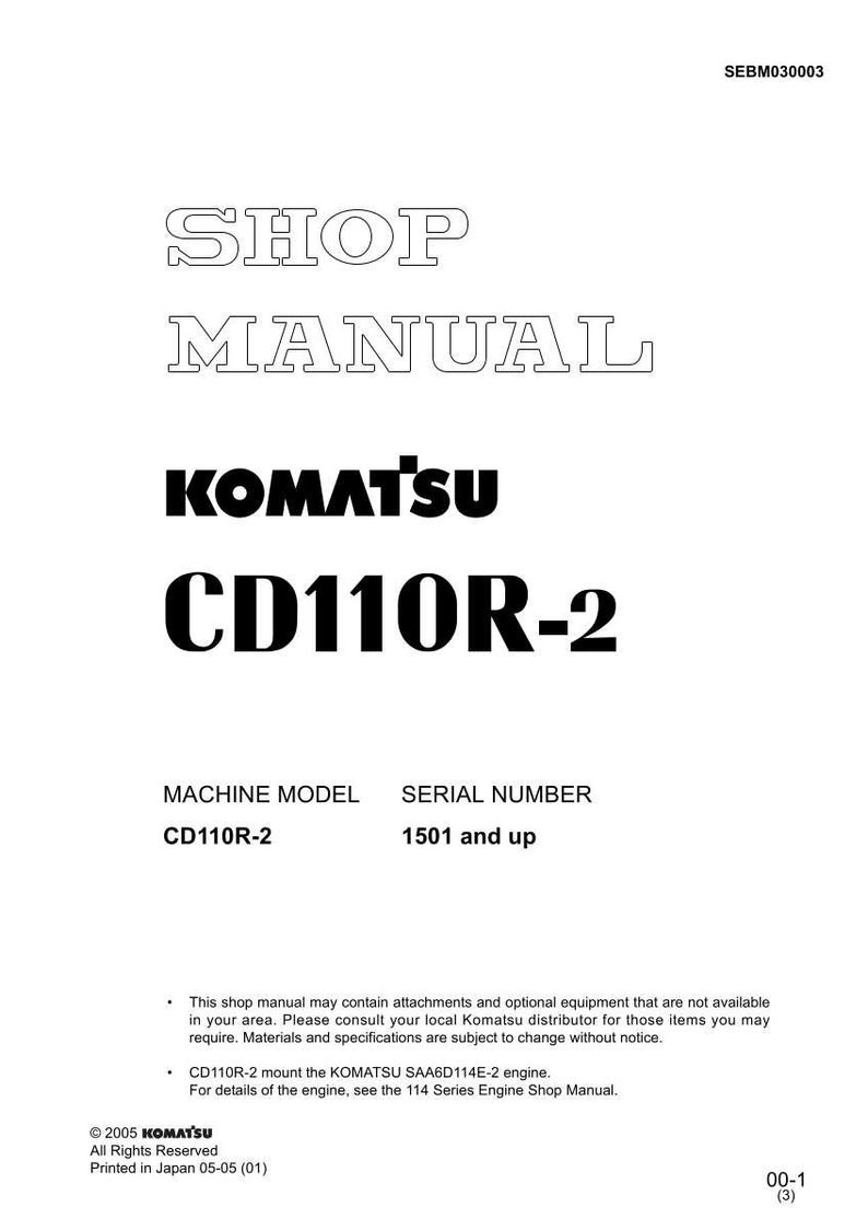 May include: A white shop manual featuring the text "SHOP MANUAL" in a bold, outlined font. The KOMATSU logo and "CD110R-2" are displayed below. The manual includes machine model and serial number details.