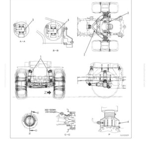 May include: Technical diagram illustrating a vehicle suspension system, featuring front and side views, and detailed component close-ups. The diagram includes measurements and technical specifications, with labels and annotations.
