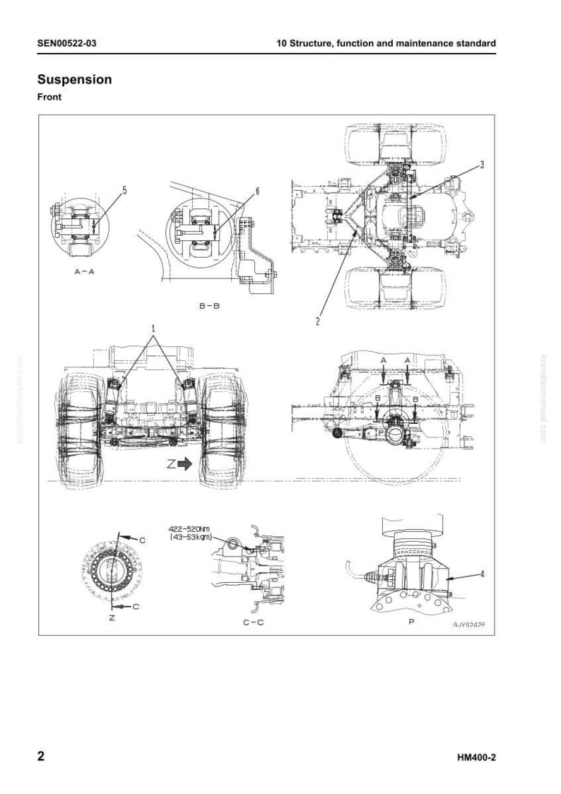 May include: Technical diagram illustrating a vehicle suspension system, featuring front and side views, and detailed component close-ups. The diagram includes measurements and technical specifications, with labels and annotations.