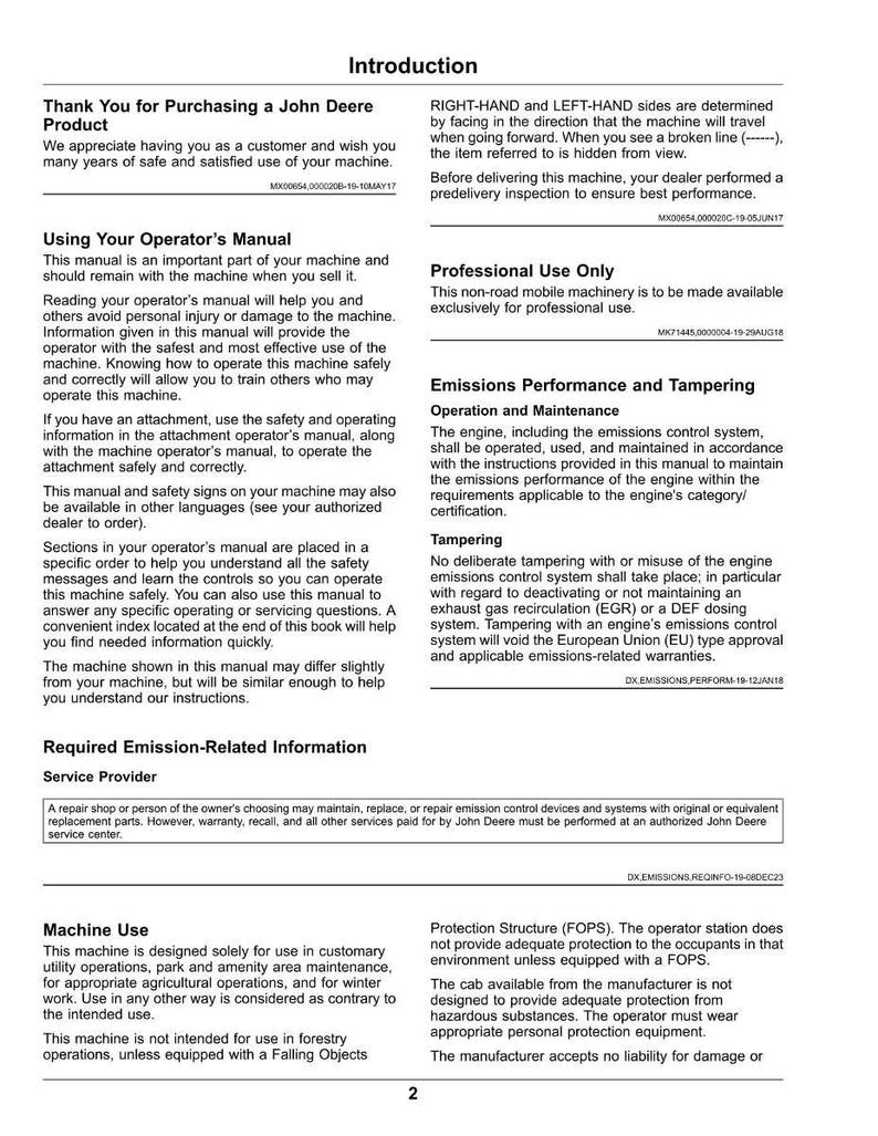 May include: A printed manual titled "Introduction" for a John Deere product. The manual includes sections on operation, safety, and emission-related information. It also contains warnings and instructions for professional use.