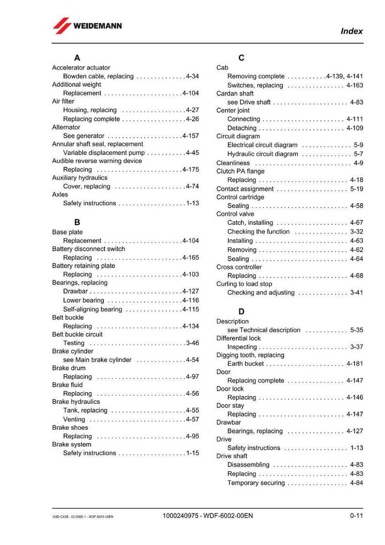 May include: Index page from a Weidemann manual, featuring a list of technical terms and page numbers. The document is in black and white, with the Weidemann logo at the top.
