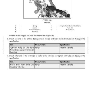 May include: Diagram of hydraulic pump oil line installation, including an adapter, trailer brake valve, and tube nuts. The diagram includes a legend with labeled components and torque specifications of 102 N-m (75 lb-ft).