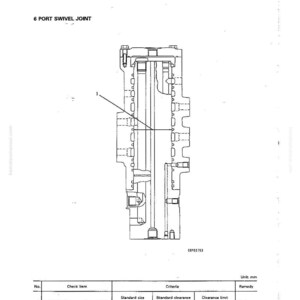 Pu&ograve; includere: Diagramma tecnico di un giunto girevole a 6 porte, etichettato come "MAINTENANCE STANDARD" e "CENTER SWIVEL JOINT". Il diagramma include una sezione trasversale dettagliata con misure e specifiche per il gioco del rotore e dell'albero. Il diagramma &egrave; etichettato come "PC200-6Z."