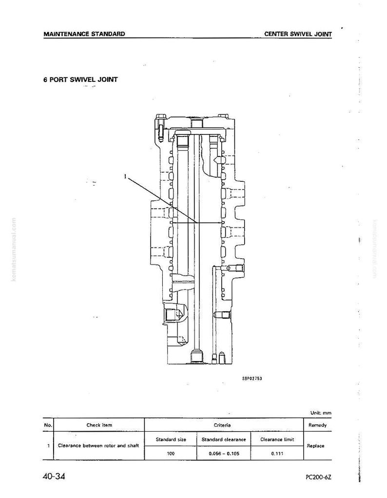 Pu&ograve; includere: Diagramma tecnico di un giunto girevole a 6 porte, etichettato come "MAINTENANCE STANDARD" e "CENTER SWIVEL JOINT". Il diagramma include una sezione trasversale dettagliata con misure e specifiche per il gioco del rotore e dell'albero. Il diagramma &egrave; etichettato come "PC200-6Z."
