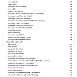 Pode incluir: Uma p&aacute;gina branca de um manual com uma lista de procedimentos de repara&ccedil;&atilde;o autom&oacute;vel. O texto inclui instru&ccedil;&otilde;es para remover e instalar v&aacute;rios componentes, como embraiagens, eixos e diferenciais. A p&aacute;gina tamb&eacute;m lista especifica&ccedil;&otilde;es e procedimentos de inspe&ccedil;&atilde;o.