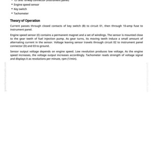 May include: A white page with black text detailing major components of an engine, including fuses, a connector, and a tachometer. The text also describes the theory of operation, including voltage and sensor functions.