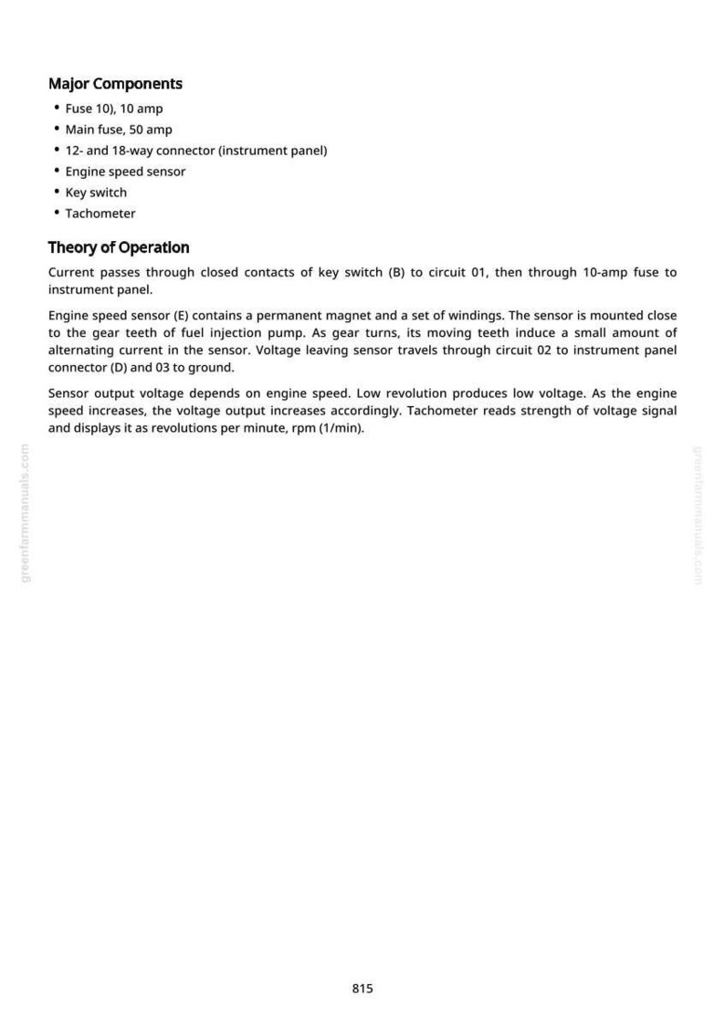 May include: A white page with black text detailing major components of an engine, including fuses, a connector, and a tachometer. The text also describes the theory of operation, including voltage and sensor functions.