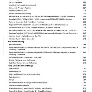 May include: A detailed page from a manual, listing service equipment, electrical tools, and wiring harness information. The text includes specifications for fuses, circuit breakers, and relays, with page numbers on the right.