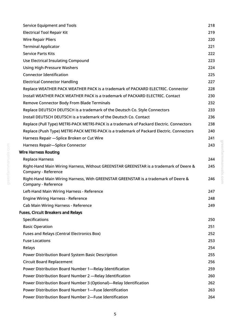 May include: A detailed page from a manual, listing service equipment, electrical tools, and wiring harness information. The text includes specifications for fuses, circuit breakers, and relays, with page numbers on the right.