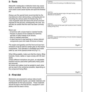 Puede incluir: P&aacute;gina de un manual t&eacute;cnico titulada &laquo;Trabajando con seguridad&raquo;, con secciones sobre herramientas y primeros auxilios. Se incluyen diagramas de herramientas. El texto proporciona consejos de seguridad para mec&aacute;nicos.