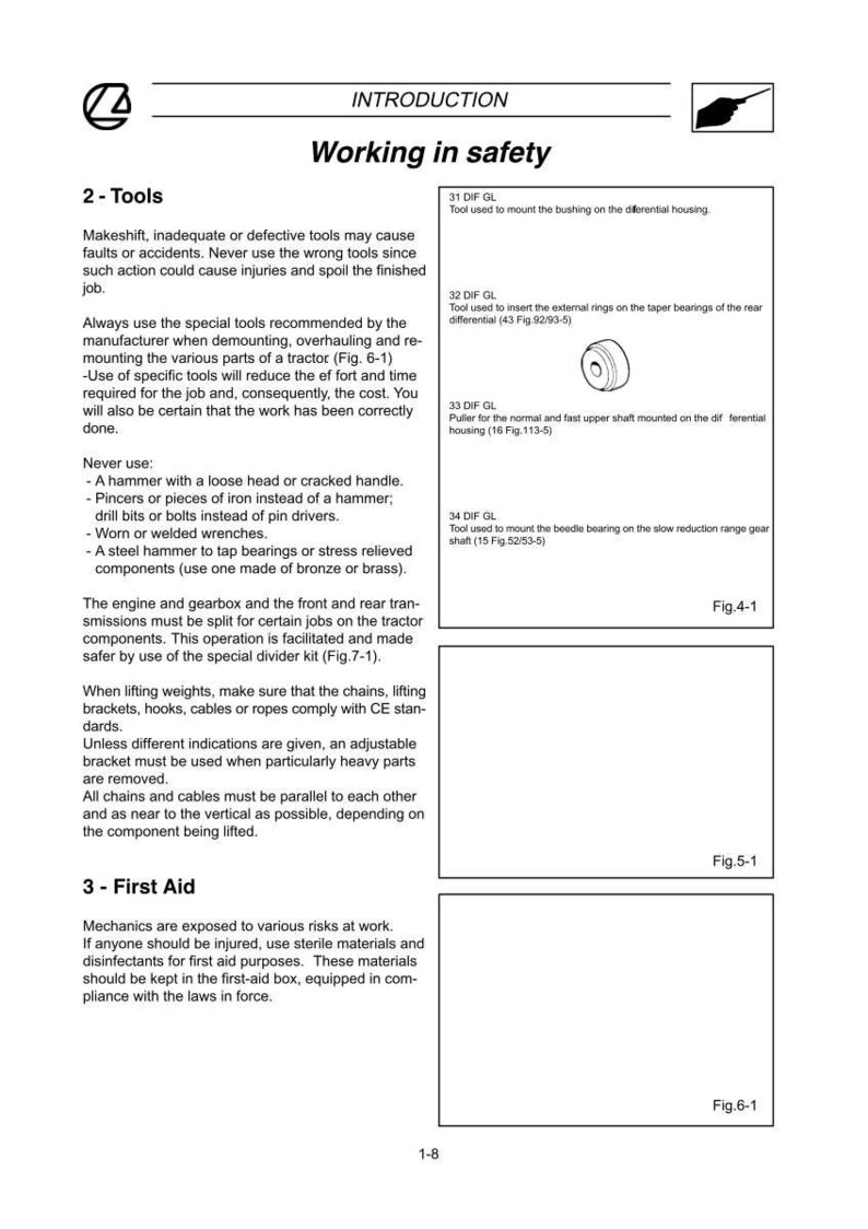 Puede incluir: P&aacute;gina de un manual t&eacute;cnico titulada &laquo;Trabajando con seguridad&raquo;, con secciones sobre herramientas y primeros auxilios. Se incluyen diagramas de herramientas. El texto proporciona consejos de seguridad para mec&aacute;nicos.
