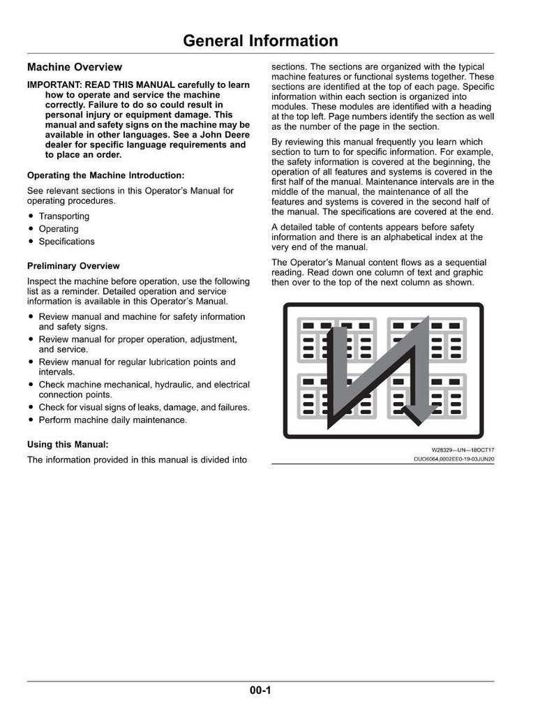 May include: A page from an operator's manual with the title "General Information." The text details machine operation, safety, and maintenance. A diagram with a stylized "N" shape is in the upper right corner. The page number is "00-1."