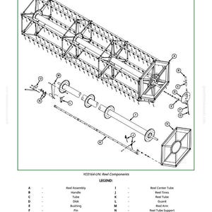 Op de afbeelding: Een explosietekening van een haspelassemblage, getiteld "Reel-Components". Het diagram bevat verschillende onderdelen zoals buizen, schijven en beugels, met een legenda die elk onderdeel detailleert. De afbeelding is een technische illustratie.