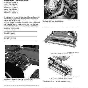 May include: Product identification guide for fairway mowers and rough mowers. Includes diagrams of engine and cutting unit serial number locations. Text includes model numbers and instructions.