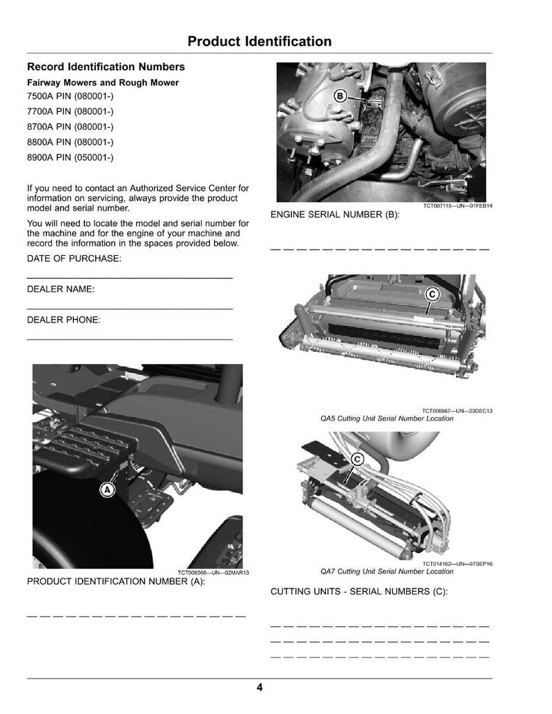 May include: Product identification guide for fairway mowers and rough mowers. Includes diagrams of engine and cutting unit serial number locations. Text includes model numbers and instructions.