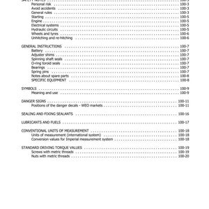 May include: A page from a manual titled "SECTION 100 - GENERAL INFORMATION" with a table of contents. The table lists safety notes, general instructions, symbols, danger signs, and other technical topics. The document's edition is 03-2005.