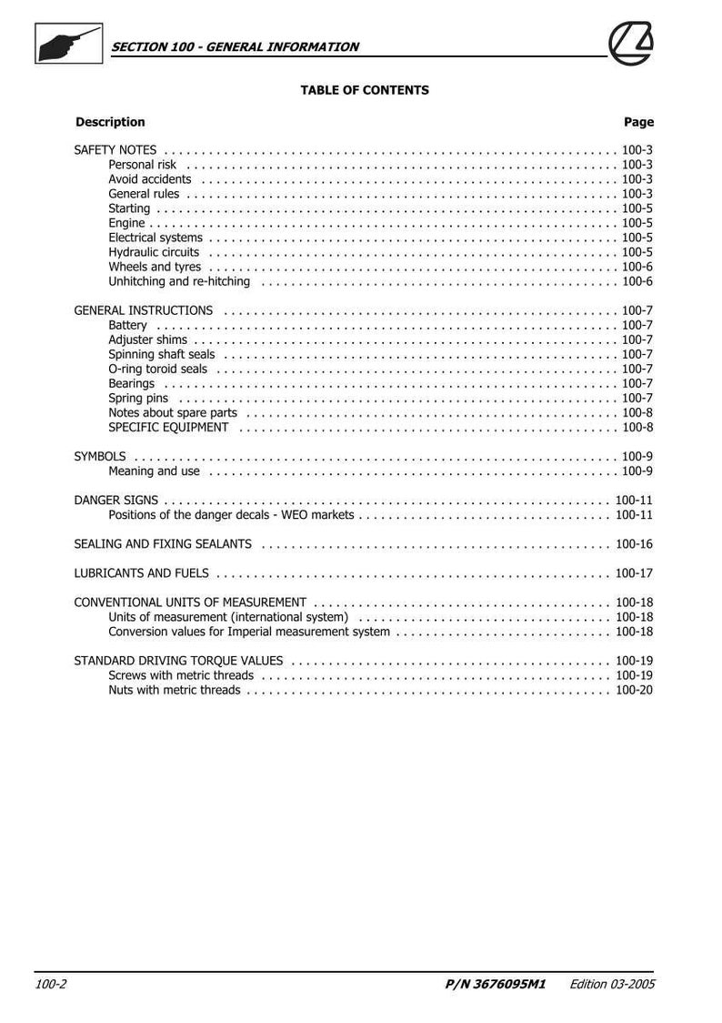 May include: A page from a manual titled "SECTION 100 - GENERAL INFORMATION" with a table of contents. The table lists safety notes, general instructions, symbols, danger signs, and other technical topics. The document's edition is 03-2005.
