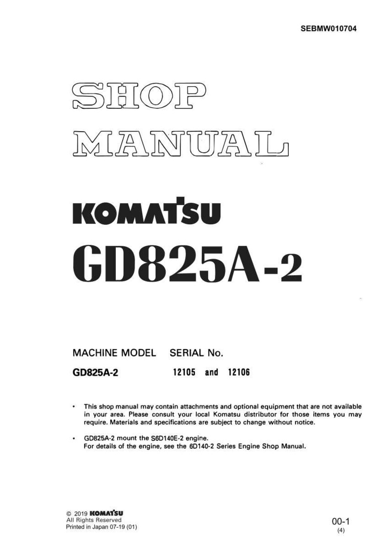 K&ouml;nnte beinhalten: Ein wei&szlig;es Werkstatthandbuch mit dem Text "SHOP MANUAL" oben. Darunter steht "KOMATSU GD825A-2". Das Handbuch enth&auml;lt Informationen zu Maschinenmodell und Seriennummer.
