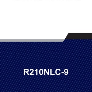 Puede incluir: Un manual de servicio con el texto "SERVICE MANUAL" en negro en la parte superior. La sección inferior tiene el texto "R210NLC-9" en blanco. El fondo es azul oscuro con líneas diagonales blancas.