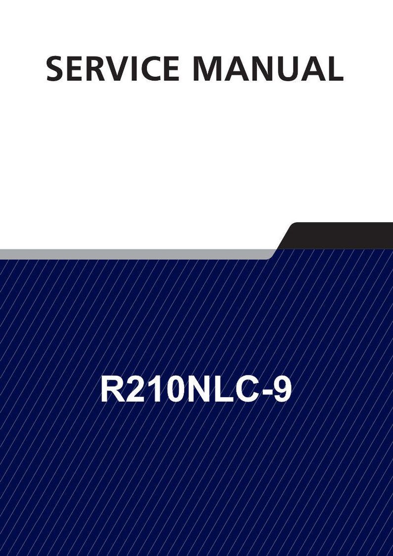 Puede incluir: Un manual de servicio con el texto "SERVICE MANUAL" en negro en la parte superior. La secci&oacute;n inferior tiene el texto "R210NLC-9" en blanco. El fondo es azul oscuro con l&iacute;neas diagonales blancas.