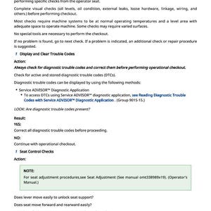 May include: A page from an operational checkout manual, featuring text on machine inspection, troubleshooting, and seat control checks. The document includes instructions, action steps, and a section on diagnostic trouble codes.