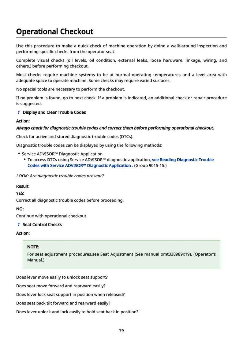 May include: A page from an operational checkout manual, featuring text on machine inspection, troubleshooting, and seat control checks. The document includes instructions, action steps, and a section on diagnostic trouble codes.