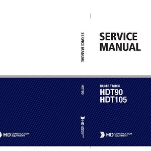 Op de afbeelding: Een servicehandleiding voor HDT90 en HDT105 dumper trucks. De omslag is marineblauw met witte diagonale lijnen en de tekst "SERVICE MANUAL" in vette zwarte letters. Het HD Construction Equipment logo is zichtbaar.
