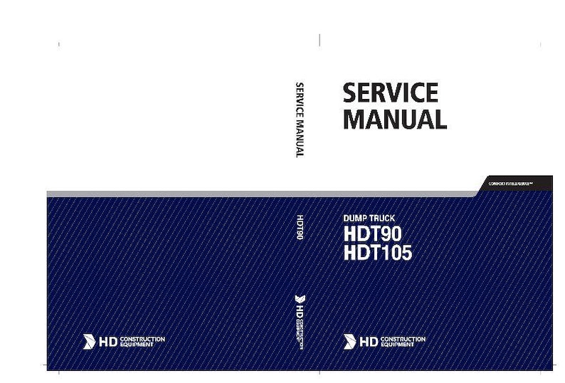 Op de afbeelding: Een servicehandleiding voor HDT90 en HDT105 dumper trucks. De omslag is marineblauw met witte diagonale lijnen en de tekst "SERVICE MANUAL" in vette zwarte letters. Het HD Construction Equipment logo is zichtbaar.