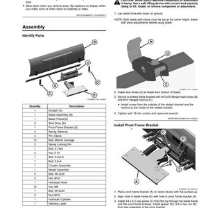 Puede incluir: Diagrama de montaje con piezas etiquetadas de la A a la E. Incluye una lista de piezas con cantidades y descripciones como "Scraper", "Blade Assembly" y varios pernos y tuercas. Tambi&eacute;n se incluyen instrucciones para la instalaci&oacute;n de zapatas y un soporte de bastidor pivotante.