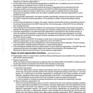 May include: A page from a manual detailing the structure and function of a KDPF, including types of soot regeneration functions. Text and diagrams explain passive and active regeneration processes, and automatic and manual stationary regeneration.