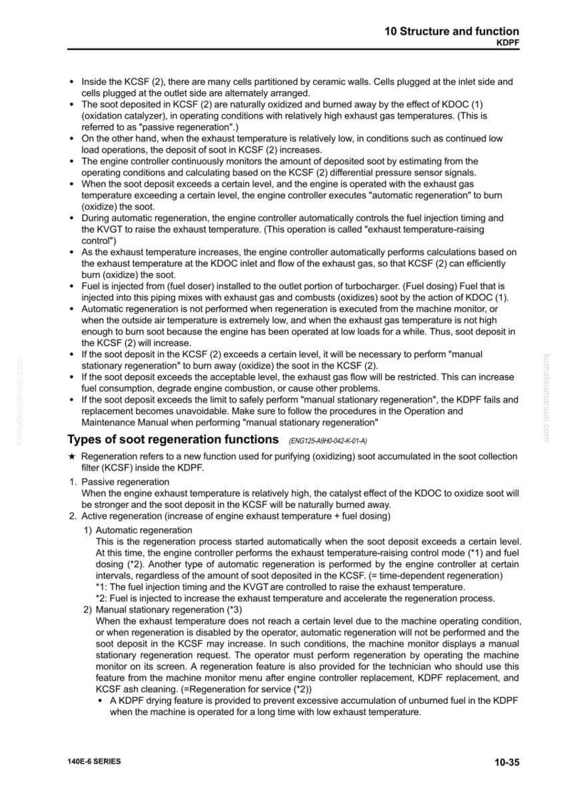 May include: A page from a manual detailing the structure and function of a KDPF, including types of soot regeneration functions. Text and diagrams explain passive and active regeneration processes, and automatic and manual stationary regeneration.