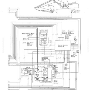 Peut inclure: Sch&eacute;ma en noir et blanc du syst&egrave;me de contr&ocirc;le &eacute;lectronique pour un mod&egrave;le PC400, 450-6. Le diagramme comprend des &eacute;tiquettes pour divers composants tels que le contr&ocirc;leur de papillon des gaz du moteur, le panneau de contr&ocirc;le et le moteur d'oscillation.