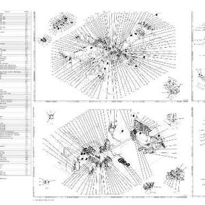 K&ouml;nnte beinhalten: Eine detaillierte architektonische Zeichnung mit mehreren Abschnitten. Das Bild zeigt eine gro&szlig;e Tabelle mit Text und mehrere detaillierte Diagramme mit Linien und Punkten, alles in Schwarzwei&szlig;.