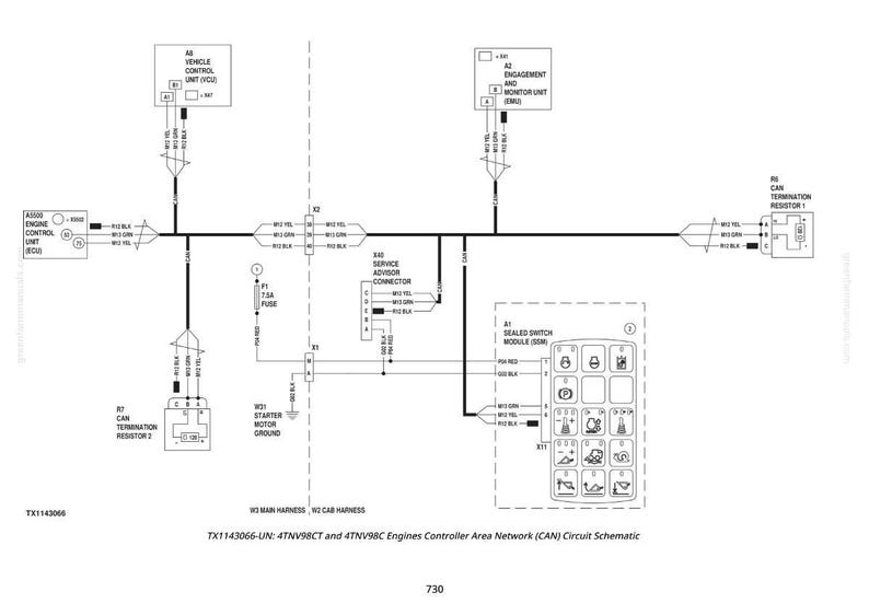 May include: Black and white schematic diagram of an engine control system. The diagram includes labels for various components such as the engine control unit, vehicle control unit, and engagement monitor unit. The diagram also includes a sealed switch module.
