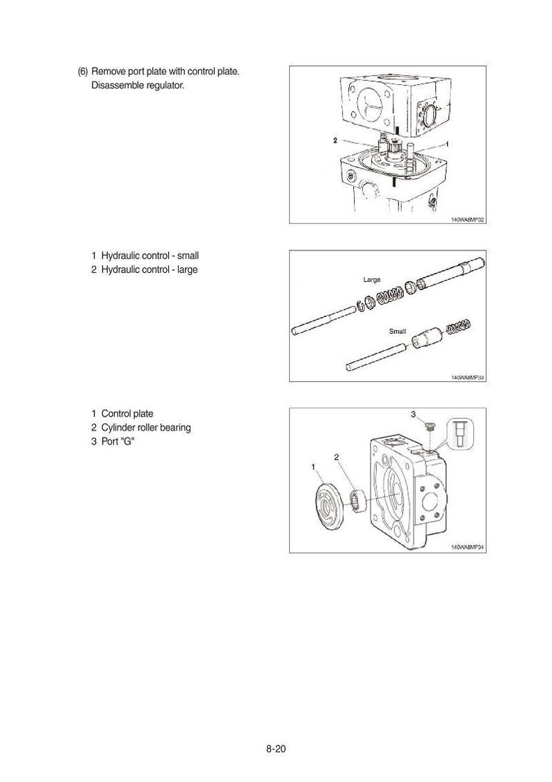 May include: Technical diagram illustrating the disassembly of a regulator. The image shows exploded views of hydraulic controls, control plates, and roller bearings. Text labels identify the components and steps in the process.