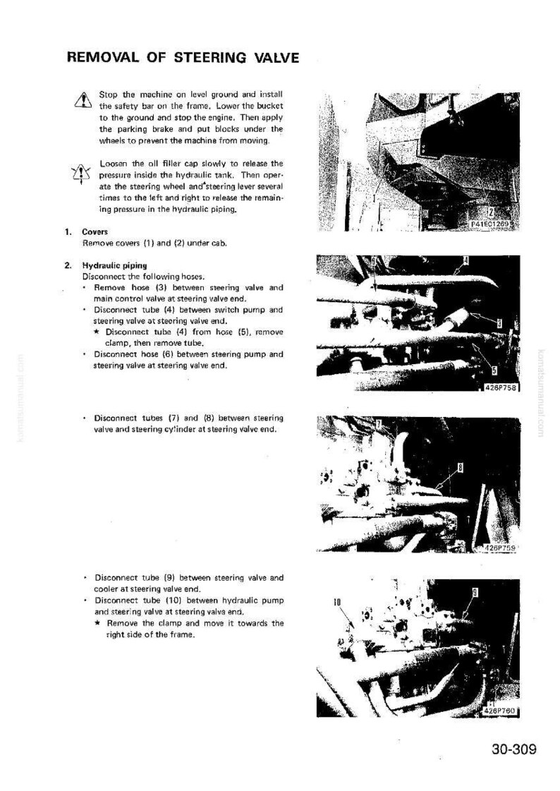 K&ouml;nnte beinhalten: Ein Schwarz-Wei&szlig;-Diagramm aus einem Handbuch, das den Ausbau eines Lenkventils detailliert beschreibt. Der Text enth&auml;lt Anweisungen zum Trennen von Schl&auml;uchen und Rohren, mit nummerierten Etiketten, die auf bestimmte Komponenten zeigen.