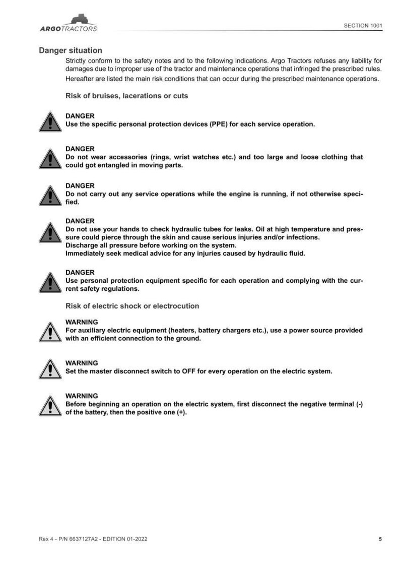 Peut inclure: Document blanc avec texte noir d&eacute;taillant les consignes de s&eacute;curit&eacute; pour Argo Tractors. Le document comprend des symboles de danger et d'avertissement, ainsi que des instructions pour l'utilisation et l'entretien en toute s&eacute;curit&eacute;.